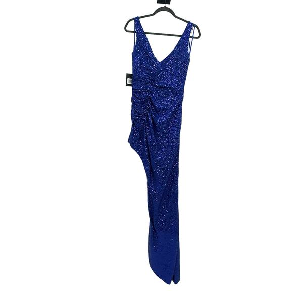 Mac Duggal Sequin Draped Faux Wrap Asymmetrical Hem Gown Cobalt Size 6 NWT - Picture 11 of 12